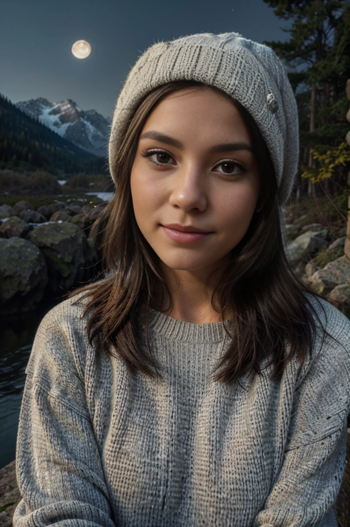 photo, photo of beautiful woman, selfie, upper body, solo, wearing sweater, outdoors, (night), mountains, real life nature, stars, moon, cheerful, happy, gloves, sweater, beanie, forest, rocks, river, wood , smoke, fog, looking at viewer, skin texture, photo grain, close-up, RAW photo, ultra realistic, instagram model
