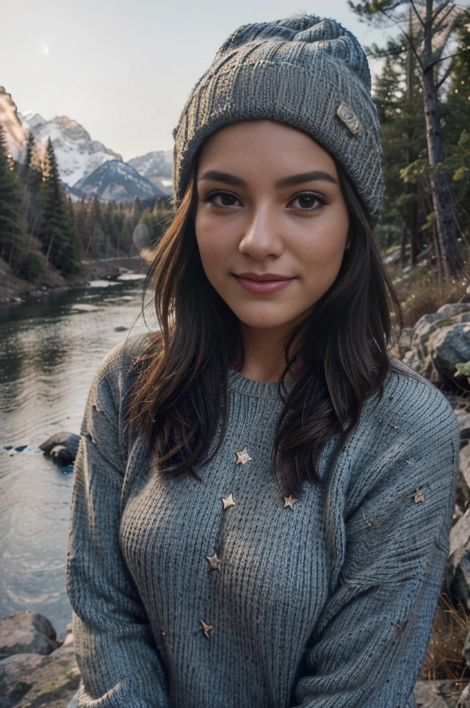 photo, photo of beautiful woman, selfie, upper body, solo, wearing sweater, outdoors, (night), mountains, real life nature, stars, moon, cheerful, happy, gloves, sweater, beanie, forest, rocks, river, wood , smoke, fog, looking at viewer, skin texture, photo grain, close-up, RAW photo, ultra realistic, instagram model