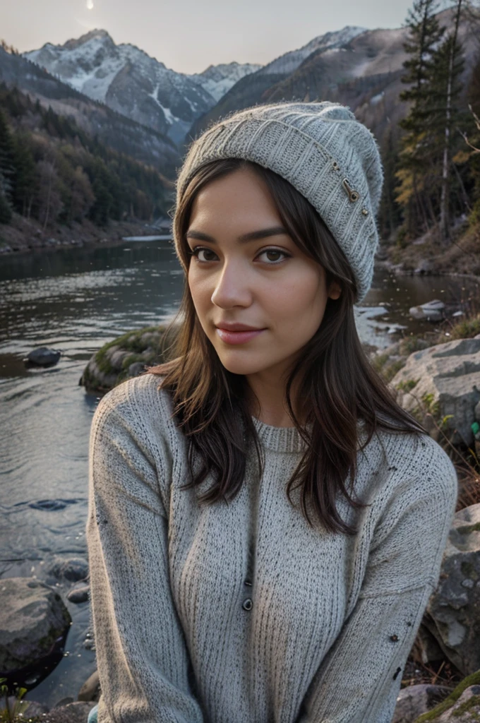 photo, photo of beautiful woman, selfie, upper body, solo, wearing sweater, outdoors, (night), mountains, real life nature, stars, moon, cheerful, happy, gloves, sweater, beanie, forest, rocks, river, wood , smoke, fog, looking at viewer, skin texture, photo grain, close-up, RAW photo, ultra realistic, instagram model