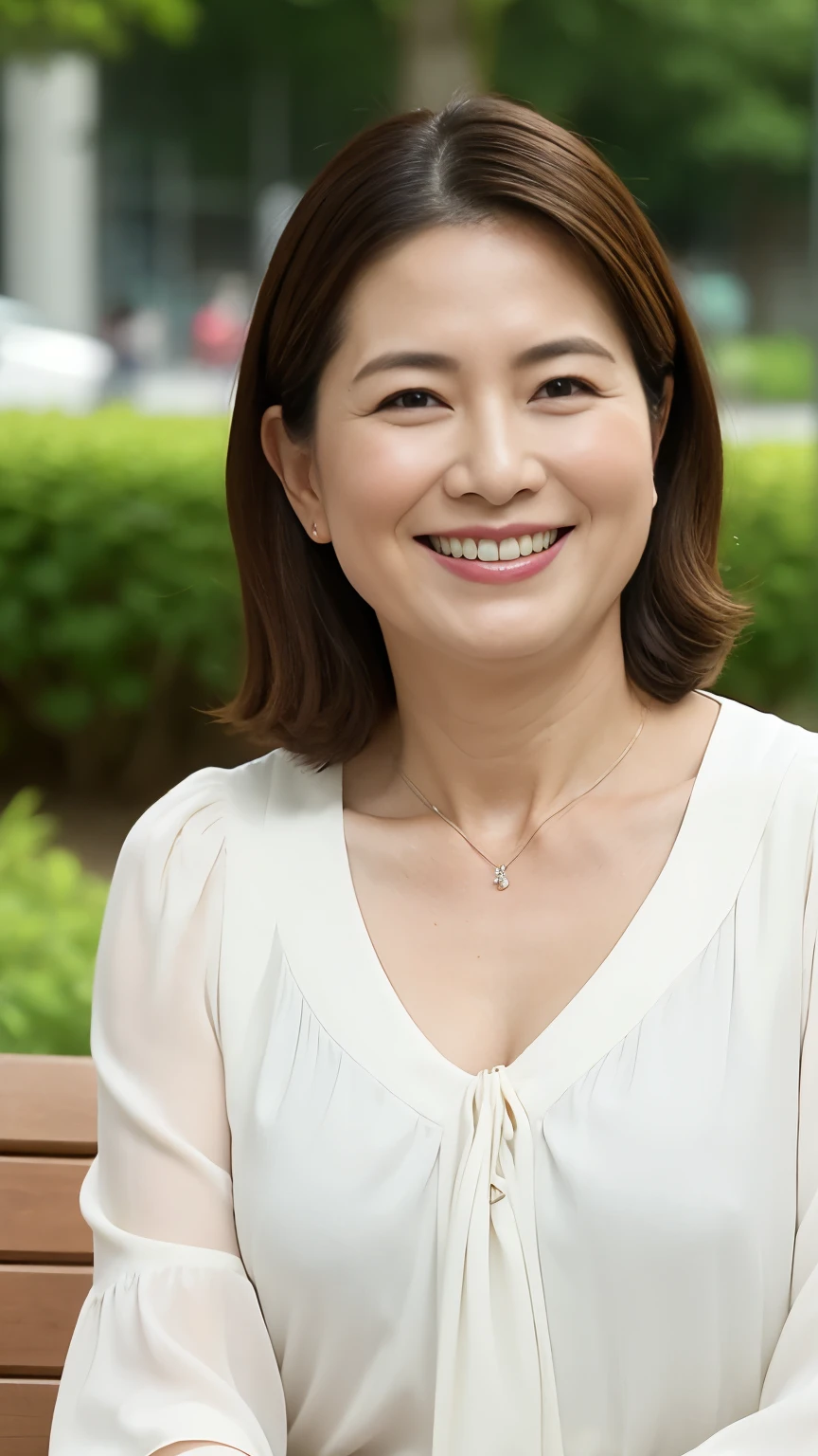 8k wallpaper, masterpiece, Highest quality, Super detailed, One Mature Woman, 50 years old, Become very clear, Wearing a short-sleeved blouse, Skin dents, Captivating smile, Looking at the audience, Cleavage, plump, Curvaceous, Fascinating face, Smiling with teeth showing, Wrinkles around the eyes, Sitting on a park bench, Background Blur