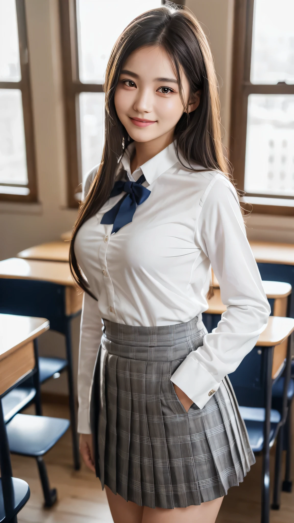 (1girl), (round eyes:1.2), (highly detailed face and eyes), refreshing smile, Amazing face and eyes, (school uniform, skirt:1.3), cleavage, (Best Quality:1.4), (Ultra-detailed), (extremely detailed CG unified 8k wallpaper), Highly detailed, High-definition raw color photos, Professional Photography, Realistic portrait, Amazing face and eyes, indoors, (casual room, cute wallpapers:1.3), (A moment of relaxation), model, depth of fields, (fine face:1.2), summer,