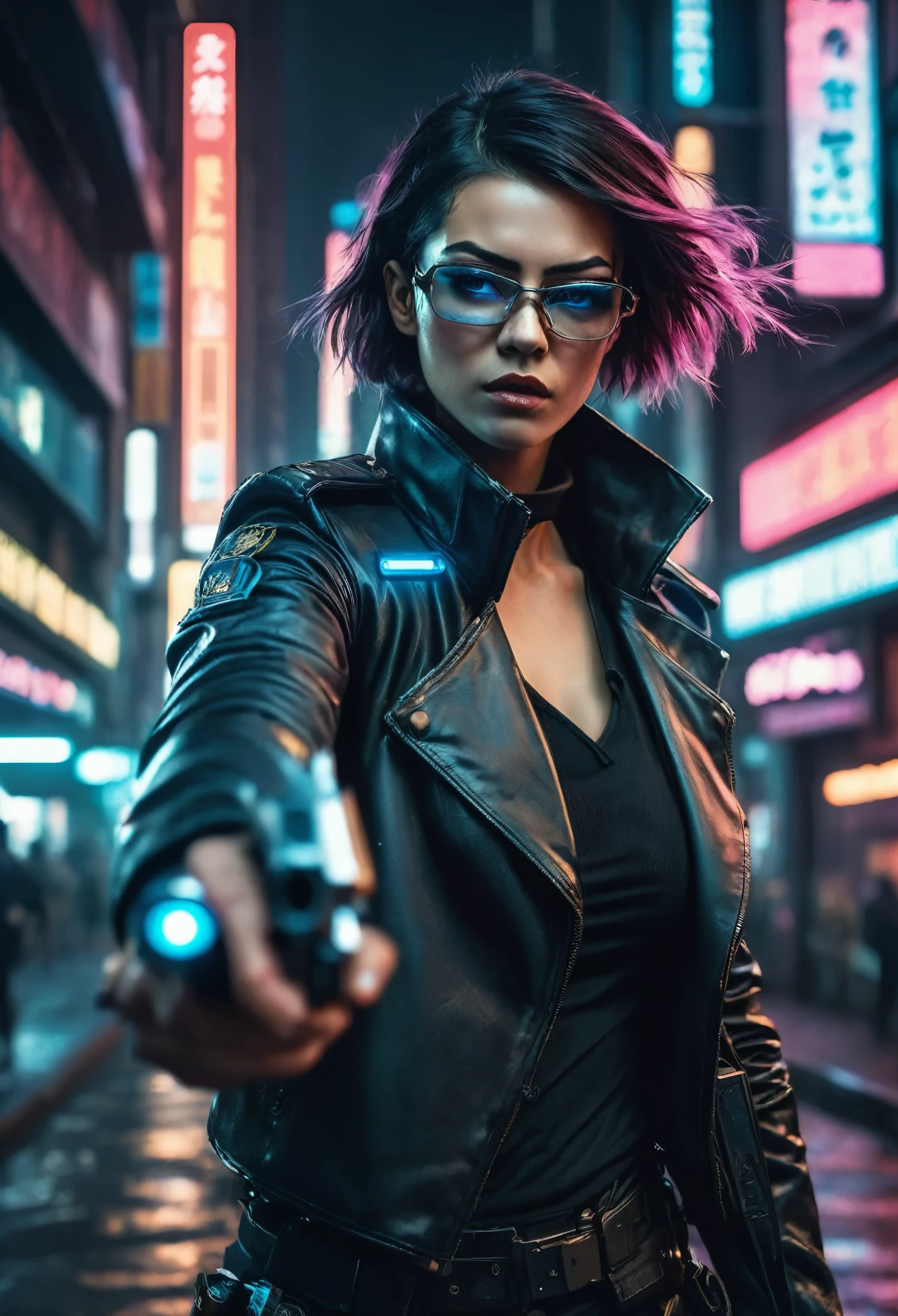 In the cyberpunk city, a police woman, point her revolver at a criminal, It’s night and the lights of the flashing lights illuminate her face, wearing glasses