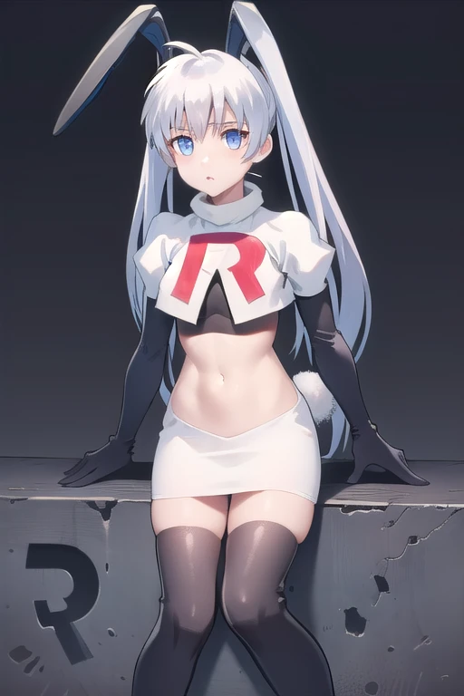 solo, Yashiro Kasumi, twintails, blue eyes, white hair, fake rabbit ears, team rocket,team rocket uniform,white skirt,red letter R,crop top,black thigh-highs,black elbow gloves