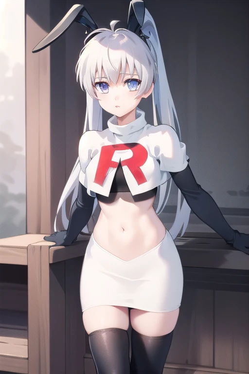 solo, Yashiro Kasumi, twintails, blue eyes, white hair, fake rabbit ears, team rocket,team rocket uniform,white skirt,red letter R,crop top,black thigh-highs,black elbow gloves