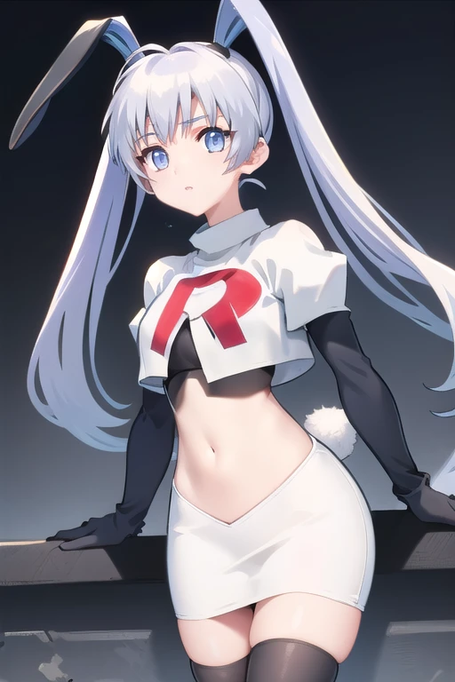 solo, Yashiro Kasumi, twintails, blue eyes, white hair, fake rabbit ears, team rocket,team rocket uniform,white skirt,red letter R,crop top,black thigh-highs,black elbow gloves