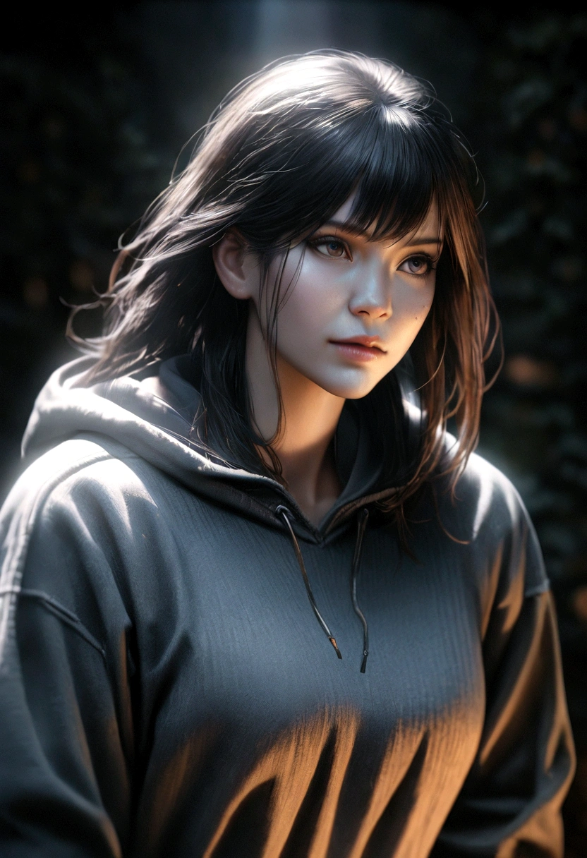 a woman with long black hair, wearing a black and white hoodie, with electricity coursing through her body, cinematic lighting, atmospheric, dark and moody, detailed facial features, realistic, photorealistic, masterpiece, 8k, high resolution
