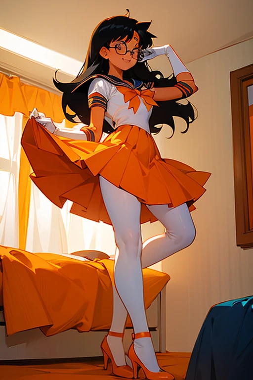 A black-haired, freckled, glasses-wearing girl dressed as Sailor Venus, wearing white gloves and orange high heels, smiling gently in her room.