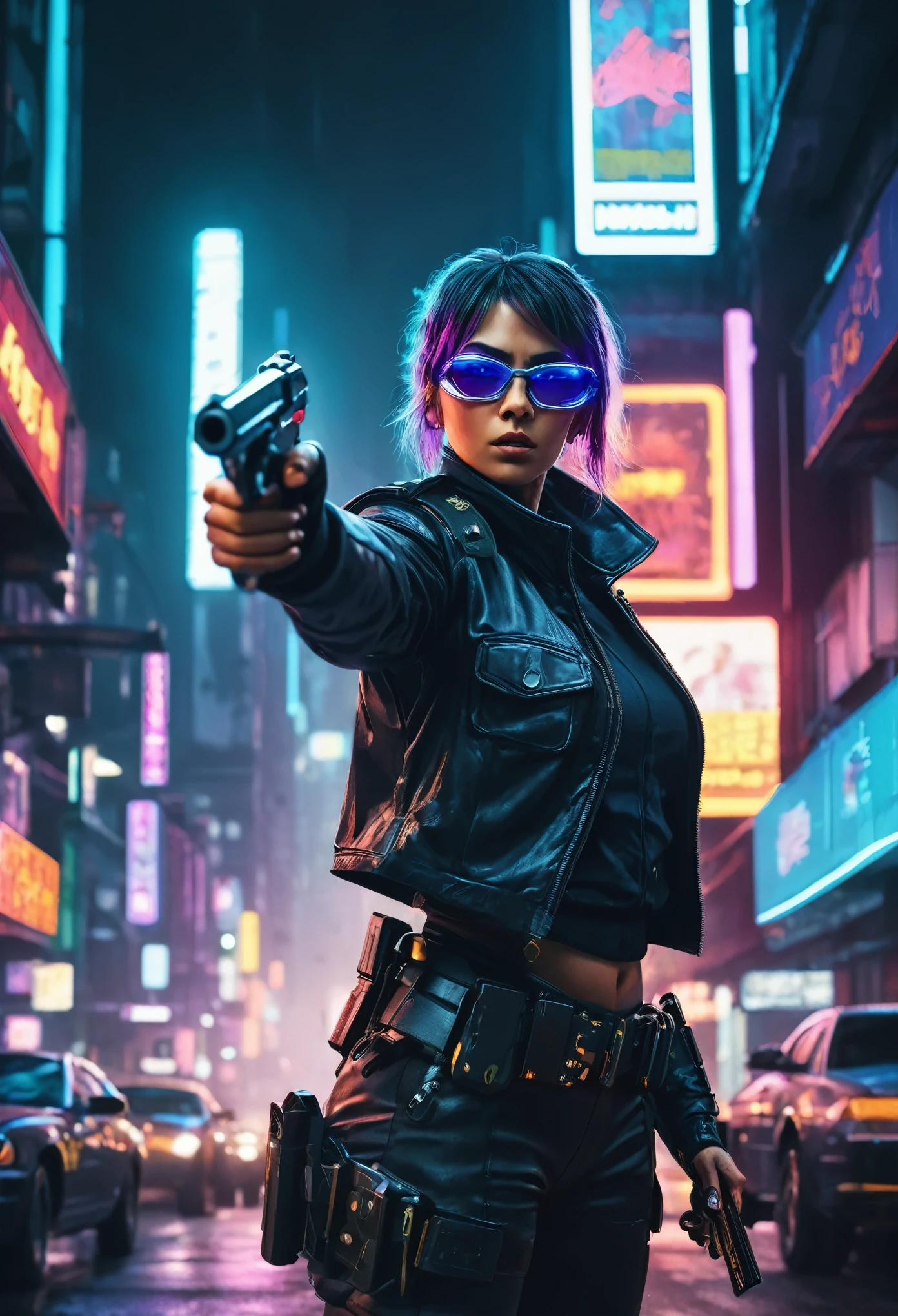 In the cyberpunk city, a police woman, point her revolver at a criminal, It’s night and the lights of the flashing lights illuminate her face, wearing glasses