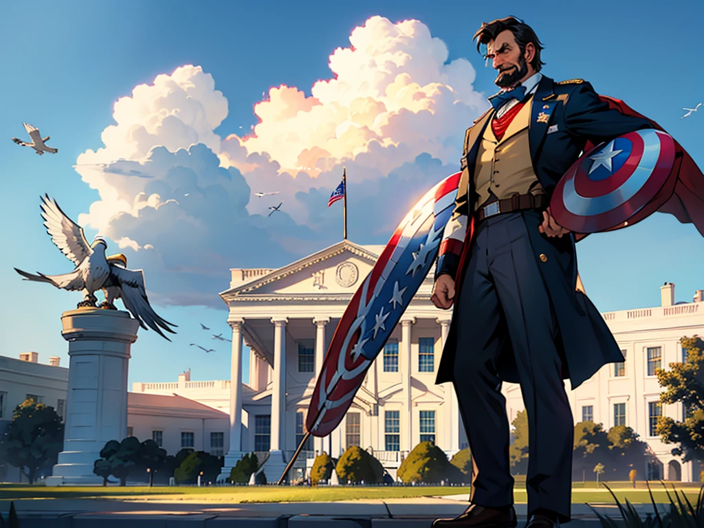 Abraham Lincoln dressed as if he were Captain America, with the White House in the background on a sunny day, eagles flying and a beautiful United States flag in the background, superhero hq style
