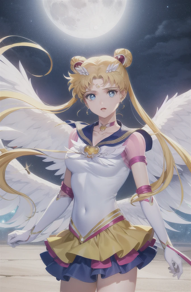 Realistic, (Surreal:1.2), (Highly detailed CG Unity 8k wallpaper), (Super detailed), masterpiece, Highest quality, One girl, Eternal Sailor Moon, moonlight,  Night Sky, wing, Cowboy Shot