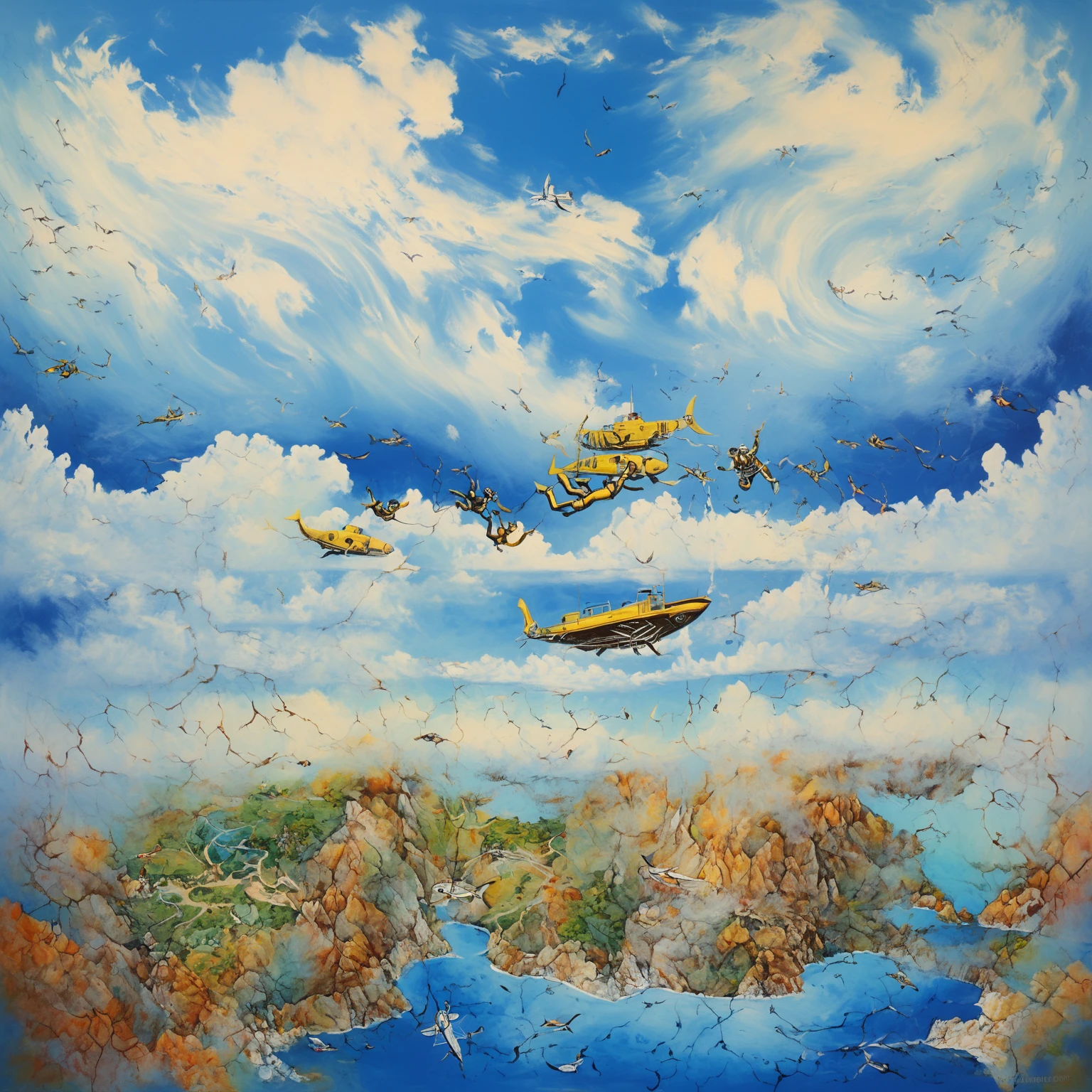 hand painted painting divided in half blue sky full of beautiful clouds, horizon hills, fighters, tourist coastal towns, and in the water divers exploring the underwater depths