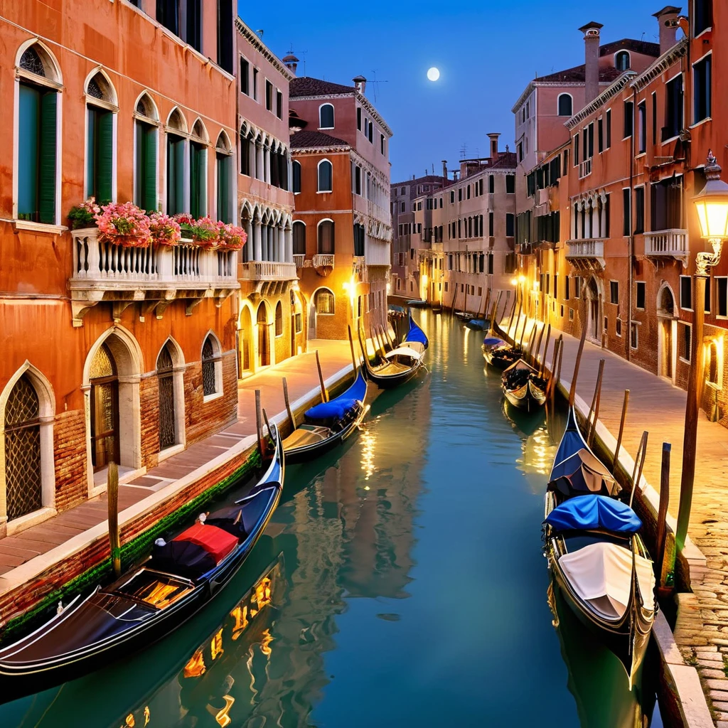 Generate an enchanting scene that embodies the romantic essence of Venice, Italy. Depict a serene evening along the iconic canals of Venice, with gondolas gently gliding on the shimmering water. Illuminate the scene with the soft glow of lampposts lining the cobblestone streets. Emphasize the intricate architecture of Venetian buildings, adorned with ornate balconies and flower boxes. Capture the reflection of these architectural gems in the tranquil canals. Enhance the atmosphere with a touch of mist in the air and a hint of moonlight. Convey the timeless allure and intimacy of Venice's romantic ambiance.