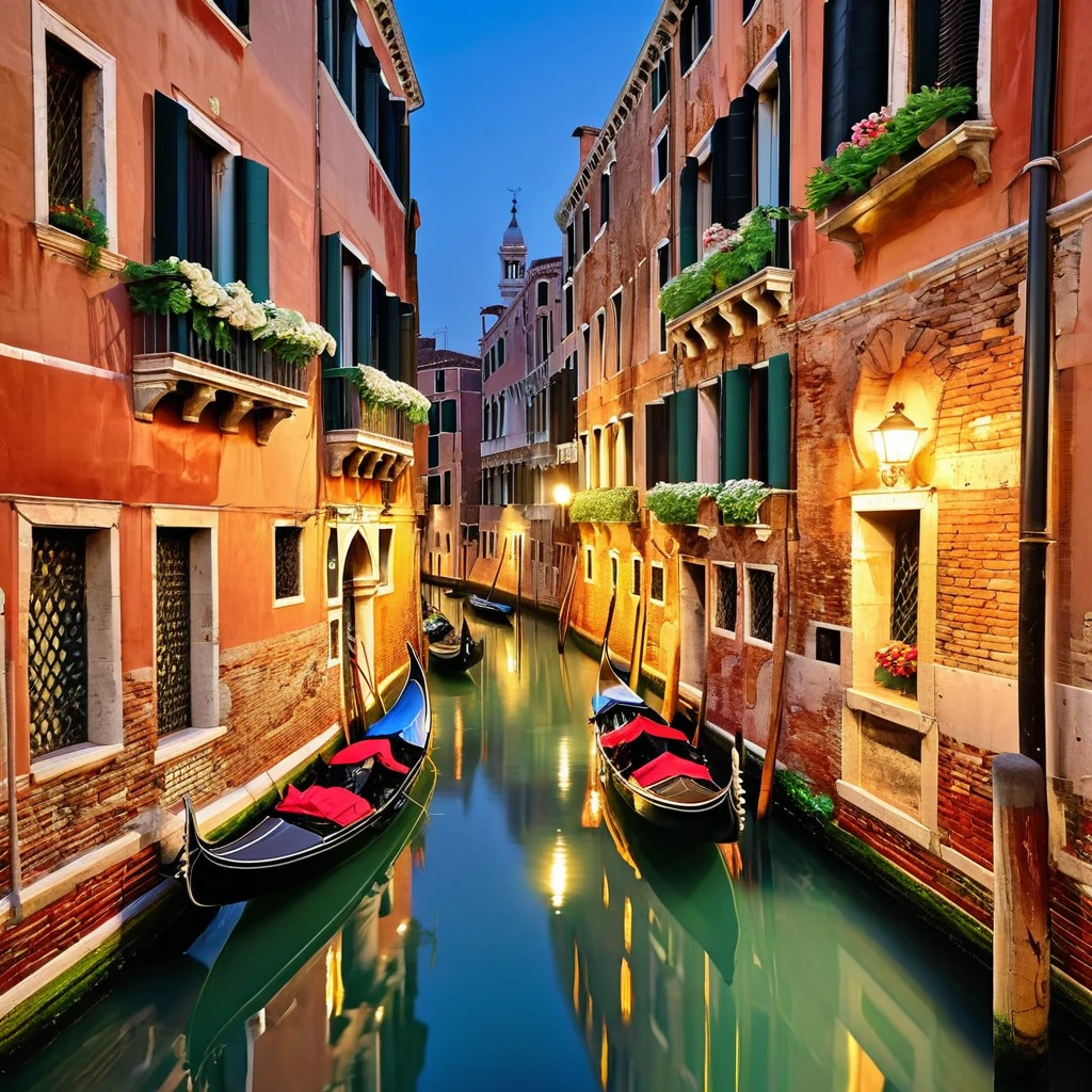 Generate an enchanting scene that embodies the romantic essence of Venice, Italy. Depict a serene evening along the iconic canals of Venice, with gondolas gently gliding on the shimmering water. Illuminate the scene with the soft glow of lampposts lining the cobblestone streets. Emphasize the intricate architecture of Venetian buildings, adorned with ornate balconies and flower boxes. Capture the reflection of these architectural gems in the tranquil canals. Enhance the atmosphere with a touch of mist in the air and a hint of moonlight. Convey the timeless allure and intimacy of Venice's romantic ambiance.