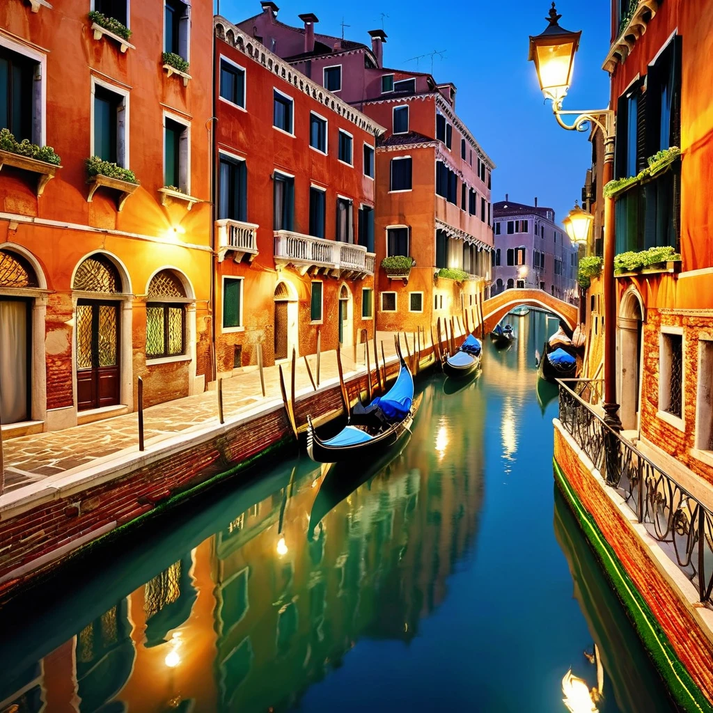 Generate an enchanting scene that embodies the romantic essence of Venice, Italy. Depict a serene evening along the iconic canals of Venice, with gondolas gently gliding on the shimmering water. Illuminate the scene with the soft glow of lampposts lining the cobblestone streets. Emphasize the intricate architecture of Venetian buildings, adorned with ornate balconies and flower boxes. Capture the reflection of these architectural gems in the tranquil canals. Enhance the atmosphere with a touch of mist in the air and a hint of moonlight. Convey the timeless allure and intimacy of Venice's romantic ambiance.