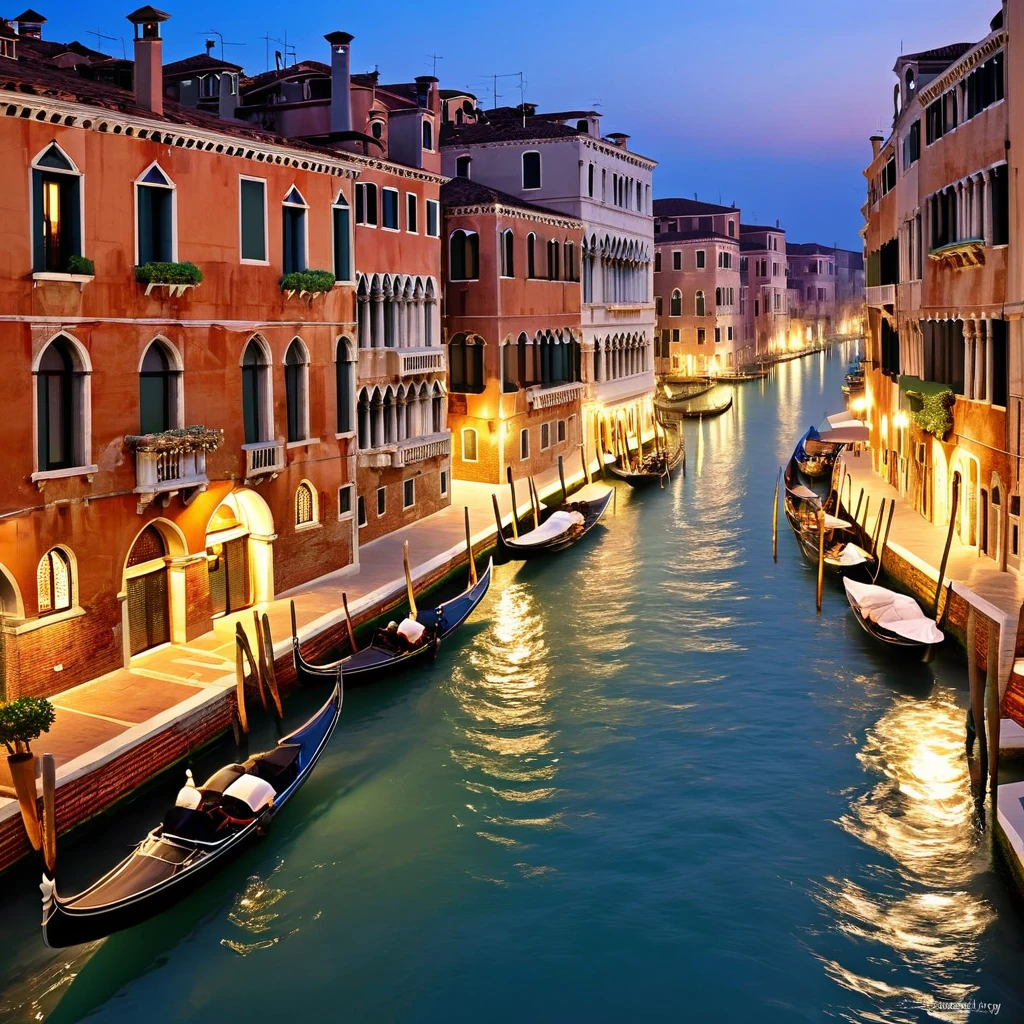 Generate an enchanting scene that embodies the romantic essence of Venice, Italy. Depict a serene evening along the iconic canals of Venice, with gondolas gently gliding on the shimmering water. Illuminate the scene with the soft glow of lampposts lining the cobblestone streets. Emphasize the intricate architecture of Venetian buildings, adorned with ornate balconies and flower boxes. Capture the reflection of these architectural gems in the tranquil canals. Enhance the atmosphere with a touch of mist in the air and a hint of moonlight. Convey the timeless allure and intimacy of Venice's romantic ambiance.