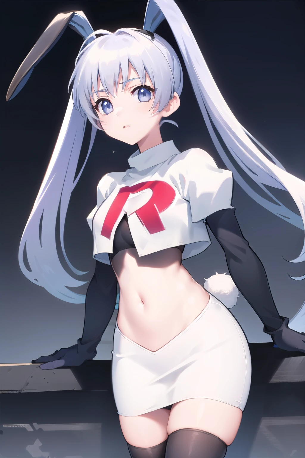 solo, Yashiro Kasumi, twintails, blue eyes, white hair, fake rabbit ears, team rocket,team rocket uniform,white skirt,red letter R,crop top,black thigh-highs,black elbow gloves