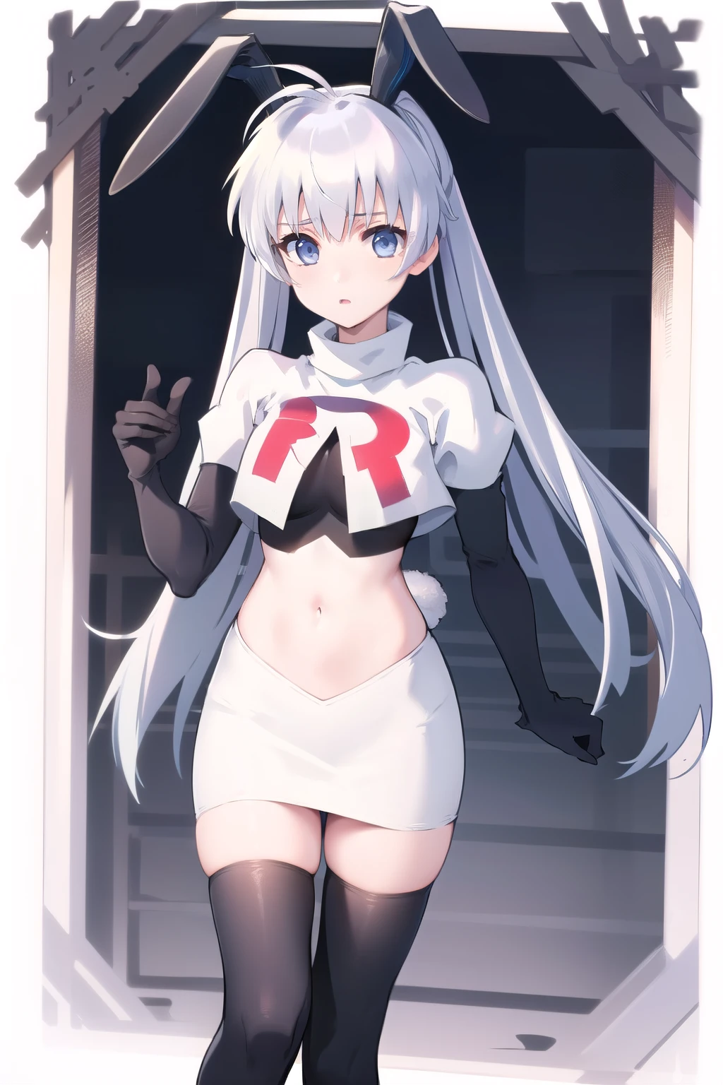 solo, Yashiro Kasumi, twintails, blue eyes, white hair, fake rabbit ears, team rocket,team rocket uniform,white skirt,red letter R,crop top,black thigh-highs,black elbow gloves