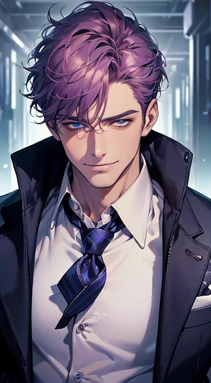 (best quality, masterpiece, 8K, photorealistic, cinematic lighting, 1:4 hdr image, ultra detailed, beautiful image), a mature man, 35 years very handsome, ((cold expression smile in love)), short  purple hair, blue eyes, face perfect without mistakes, ((buttoning his jacket, CEO)), smile.