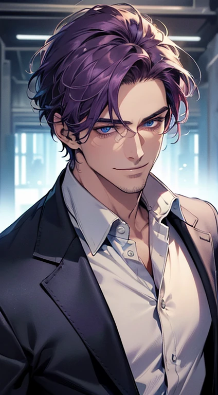 (best quality, masterpiece, 8K, photorealistic, cinematic lighting, 1:4 hdr image, ultra detailed, beautiful image), a mature man, 35 years very handsome, ((cold expression smile in love)), short purple hair, blue eyes, face perfect without mistakes, ((buttoning his jacket, CEO)), smile.