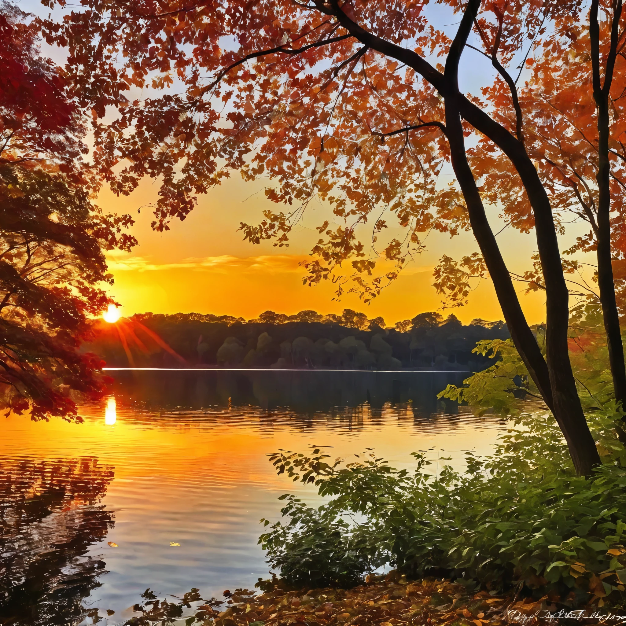 Generate a serene lakeside scene during golden hour. Capture the peaceful reflection of a vibrant sunset on the calm water's surface. Incorporate the silhouette of trees on the shore, their leaves dappled in shades of red and gold. The serene ambiance should evoke a sense of tranquility.