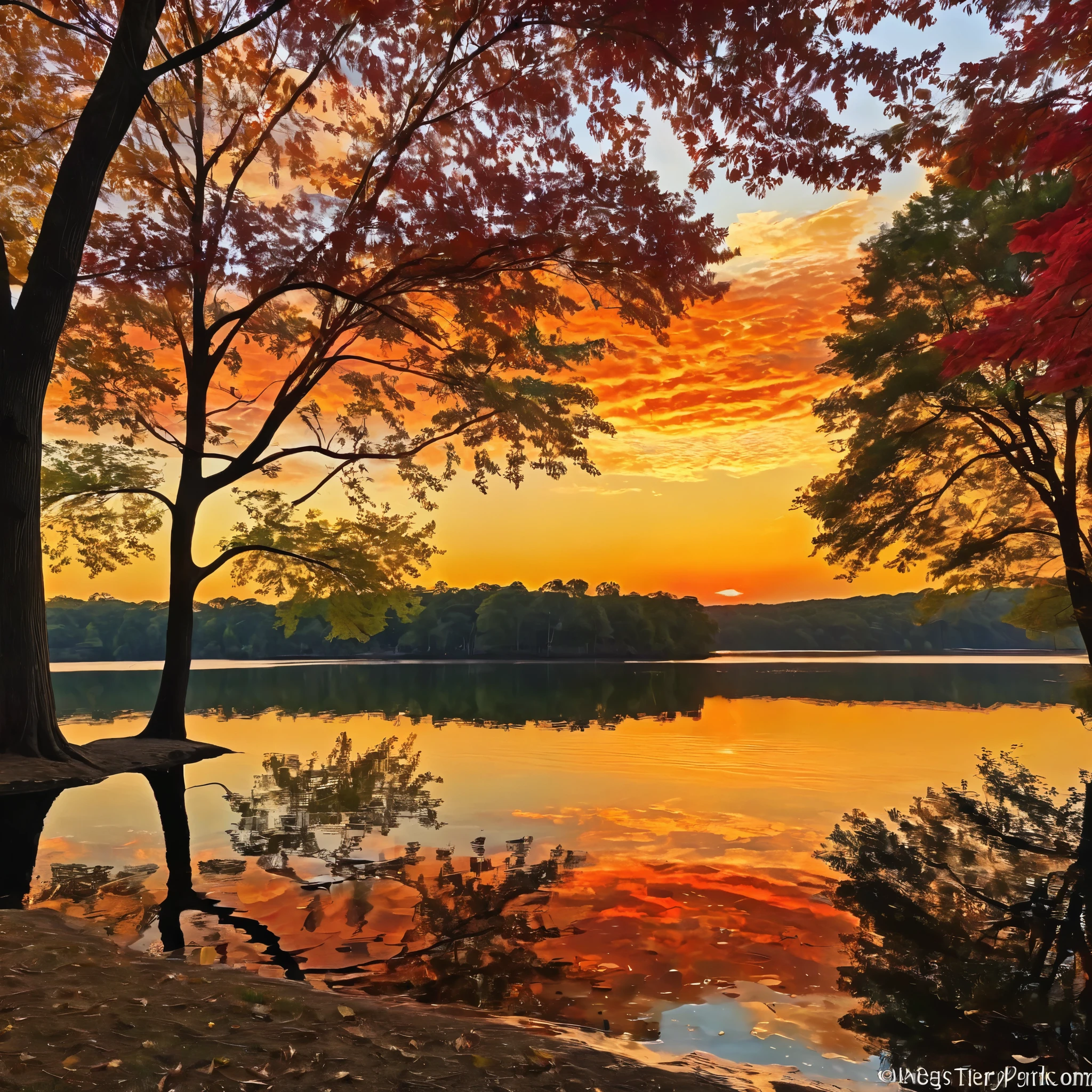 Generate a serene lakeside scene during golden hour. Capture the peaceful reflection of a vibrant sunset on the calm water's surface. Incorporate the silhouette of trees on the shore, their leaves dappled in shades of red and gold. The serene ambiance should evoke a sense of tranquility.