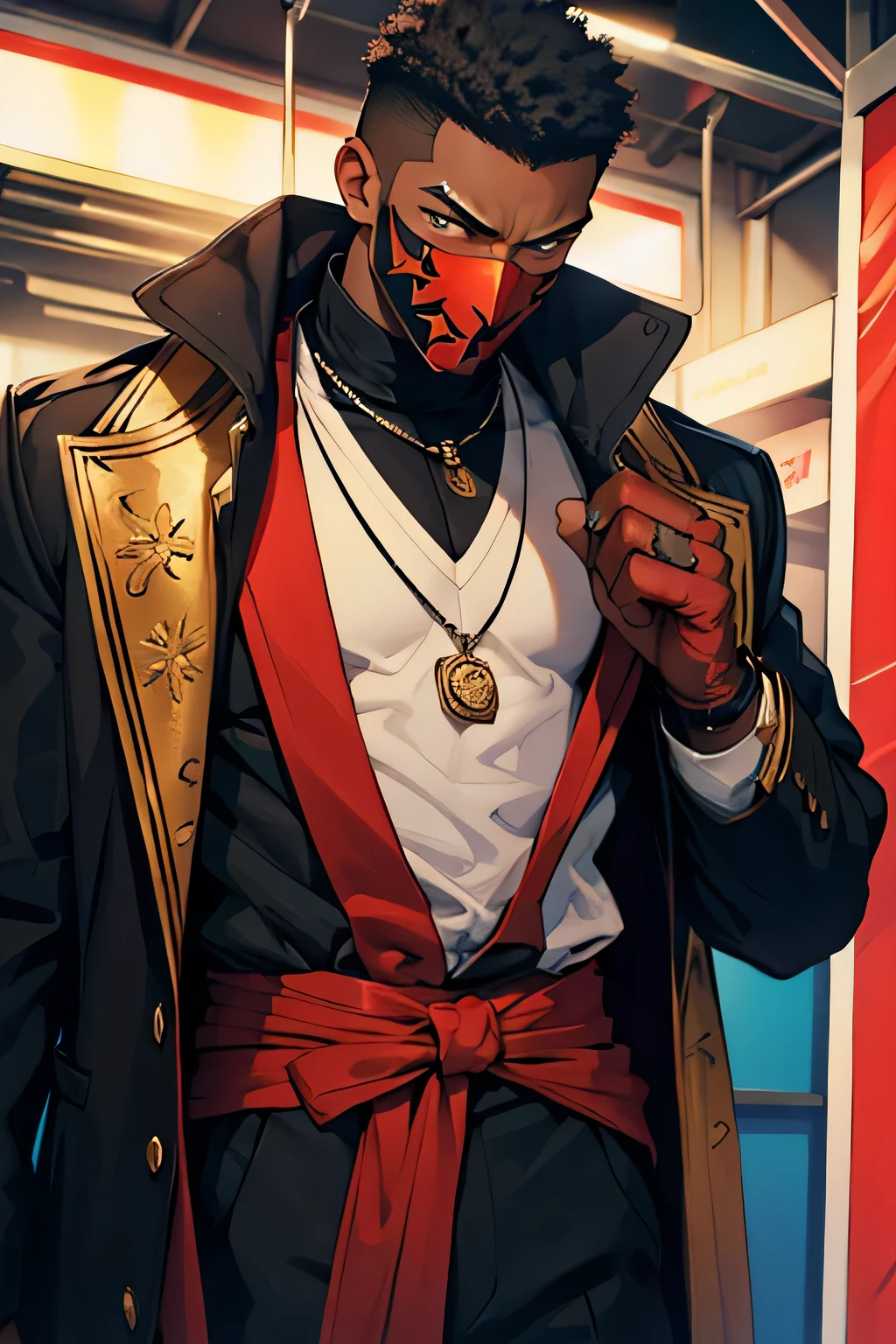 man, hair covering her face blonde, brown skin, naked, with big pecs, with red hood, a lot of hair on the chest