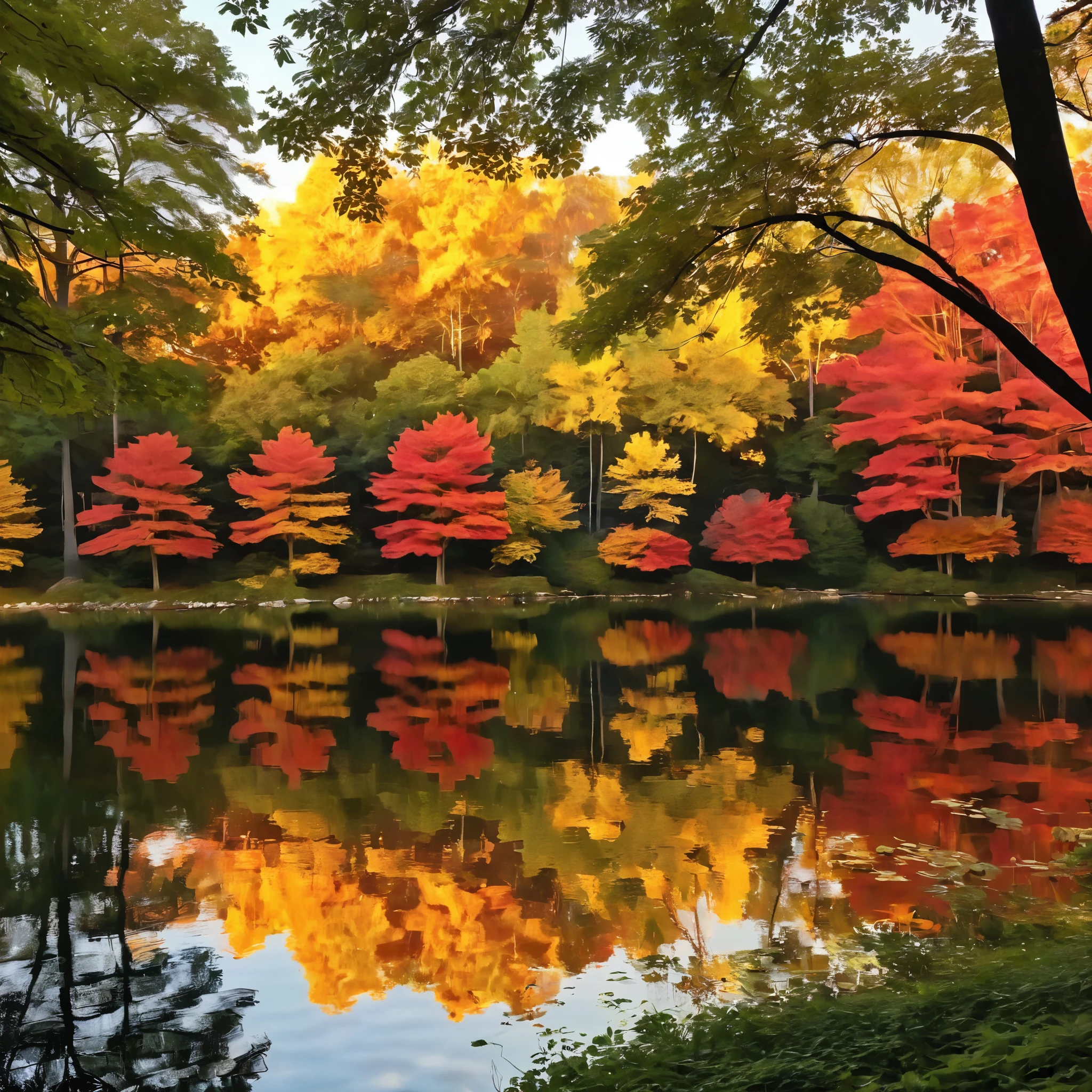 Generate a serene lakeside scene during golden hour. Capture the peaceful reflection of a vibrant sunset on the calm water's surface. Incorporate the silhouette of trees on the shore, their leaves dappled in shades of red and gold. The serene ambiance should evoke a sense of tranquility.