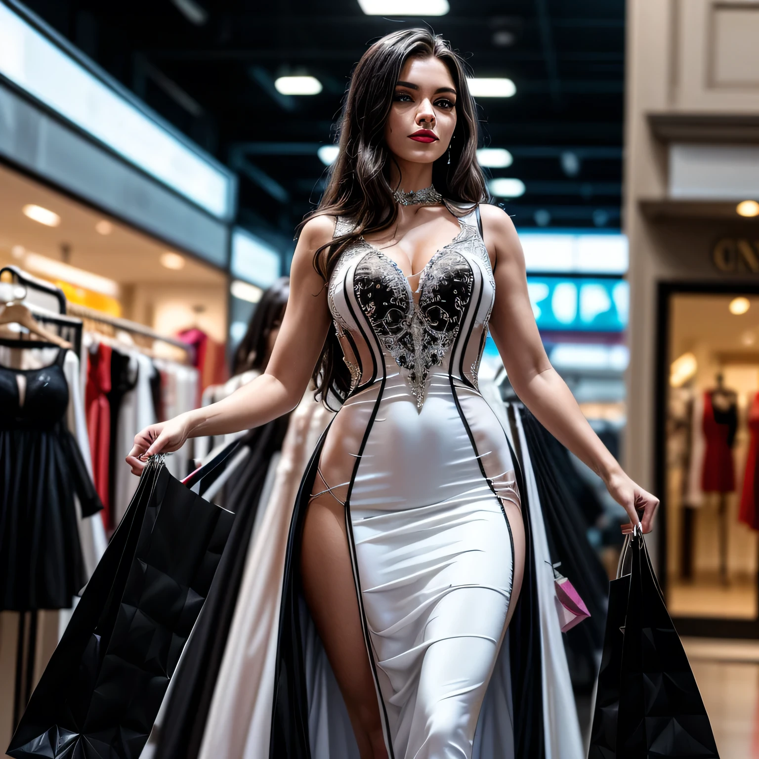 (masterpiece, photorealistic:1.4, extremely intricate:1.3), (photon mapping, radiosity, physically based rendering, ultra resolution, hyper-realistic, 8K), (((supermodel nineteen ((((black white evening gown, shopping in a store, [from below:side view:0.2]))), smirking, 19 years old, bright red lips)), long eyelashes, makeup:1.1)), ((([skin detail:freckles:0.7]))), ((indoor, store)), professional photograph elegant:1.2 age athletic, (long straight hair [dark hair:bright ginger hair:0.8]), BREAK ((((film grain)), sharp focus, dramatic, award winning, cinematic, sunrise), bokeh, blurry background, interaction)