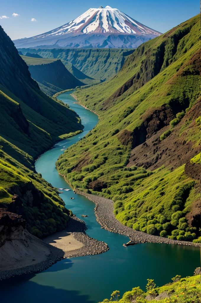 create an image of a landscape with volcanoes, flora and fauna and river