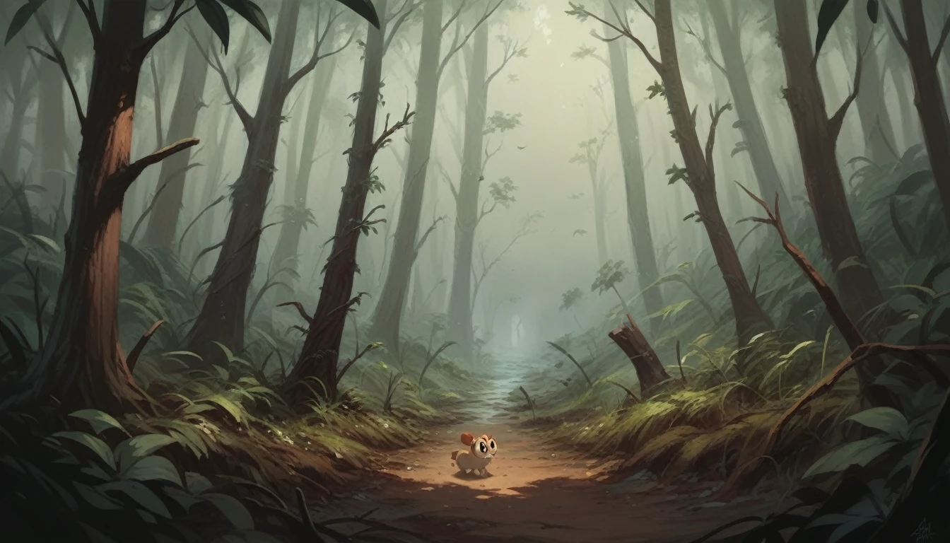 Create an image of Tobias (the puppy) with MIA (kitten) walking into an enchanted forest, but dark with fog, with their backs to the scene, image in the Disney cartoon style, photographic image, ultra-realistic, in 4k