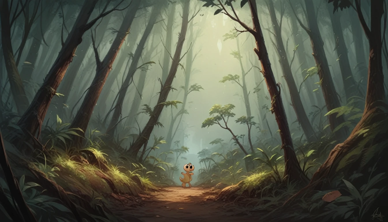 Create an image of Tobias (the puppy) with MIA (kitten) walking into an enchanted forest, but dark with fog, with their backs to the scene, image in the Disney cartoon style, photographic image, ultra-realistic, in 4k