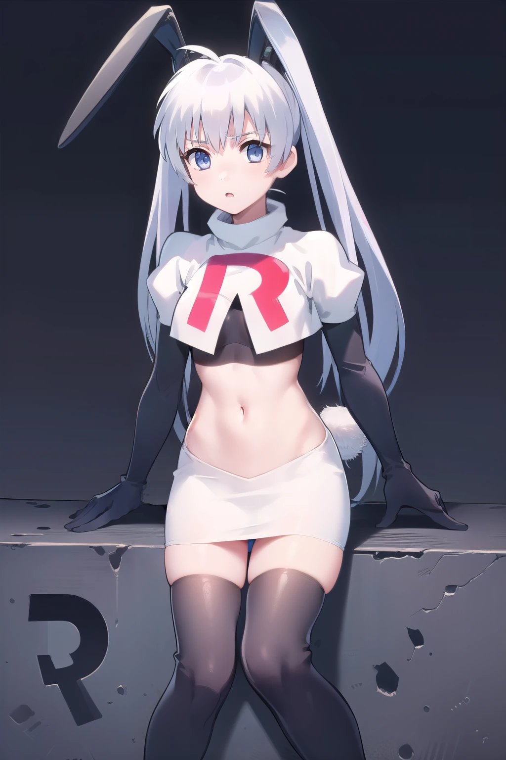 solo, Yashiro Kasumi, twintails, blue eyes, white hair, fake rabbit ears, team rocket,team rocket uniform,white skirt,red letter R,crop top,black thigh-highs,black elbow gloves