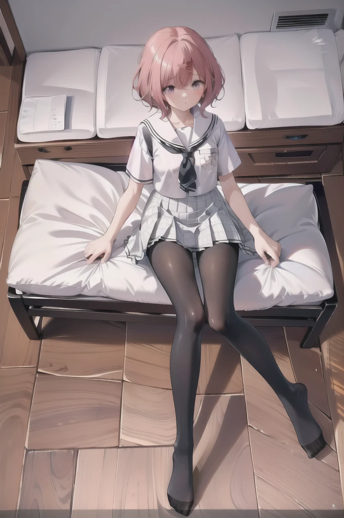 (8K、Best image quality、Highest quality、masterpiece)、One tall girl、((whole body))、Sit on the floor with both knees upright、White panties are visible、Madoka Higuchi、blush、Medium Bust、White collared shirt、Short sleeve、((Checkered pleated mini skirt))、Classroom Background、((black tights))、Black Pantyhose、((No shoes))、View your viewers