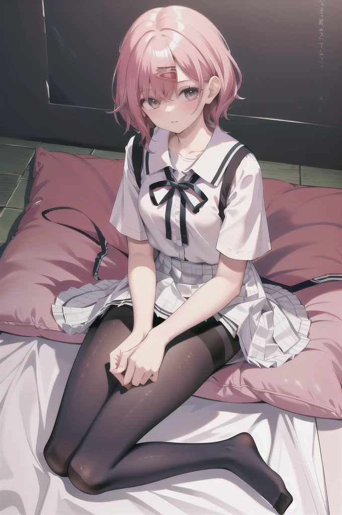 (8K、Best image quality、Highest quality、masterpiece)、One tall girl、((whole body))、Sit on the floor with both knees upright、White panties are visible、Madoka Higuchi、blush、Medium Bust、White collared shirt、Short sleeve、((Checkered pleated mini skirt))、Classroom Background、((black tights))、Black Pantyhose、((No shoes))、View your viewers