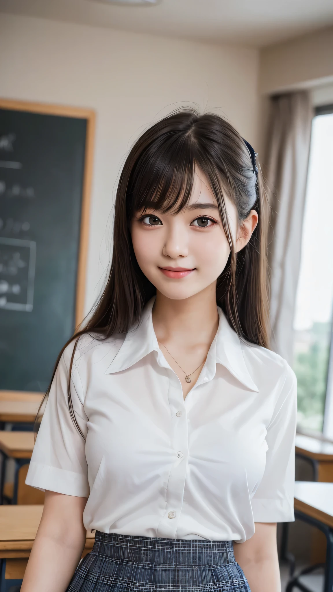 (1girl), (round eyes:1.2), (highly detailed face and eyes), refreshing smile, Amazing face and eyes, (school uniform, skirt:1.3), cleavage, (Best Quality:1.4), (Ultra-detailed), (extremely detailed CG unified 8k wallpaper), Highly detailed, High-definition raw color photos, Professional Photography, Realistic portrait, indoors, (casual room, cute wallpapers:1.3), (A moment of relaxation), model, depth of fields, (fine face:1.2), summer,