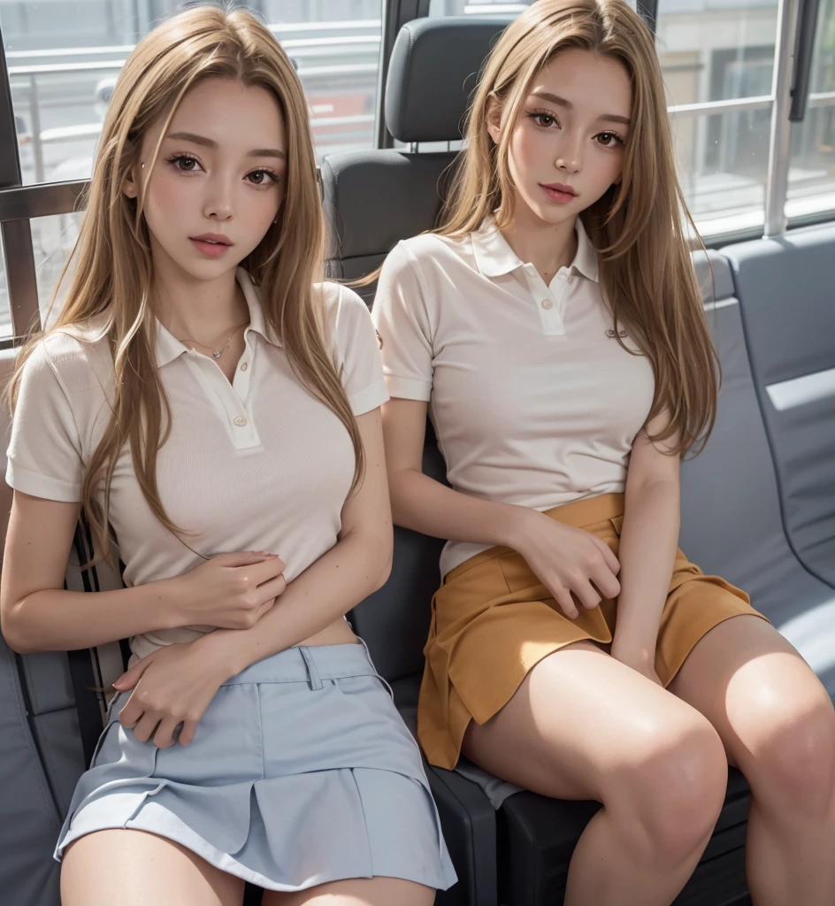 Best quality, masterpiece, detailed, 16k, beautiful and detailed face, beautiful and detailed eyes, 8k, single woman, perfect body, perfect proportions, perfect face, 3/4 body shot, (long straight light blonde hair), ( on bus ddetailed: 1.2), (wears polo shirt and miniskirt), (perfect legs, ,