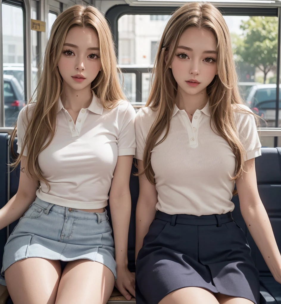 Best quality, masterpiece, detailed, 16k, beautiful and detailed face, beautiful and detailed eyes, 8k, single woman, perfect body, perfect proportions, perfect face, 3/4 body shot, (long straight light blonde hair), ( on bus ddetailed: 1.2), (wears polo shirt and miniskirt), (perfect legs, ,