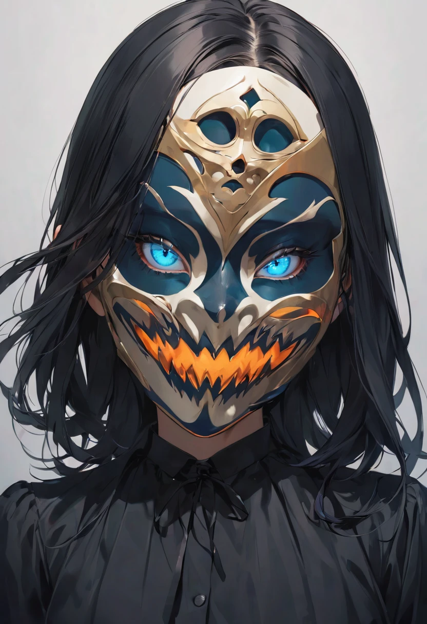 A girl with black hair and blue eyes wearing a scary mask