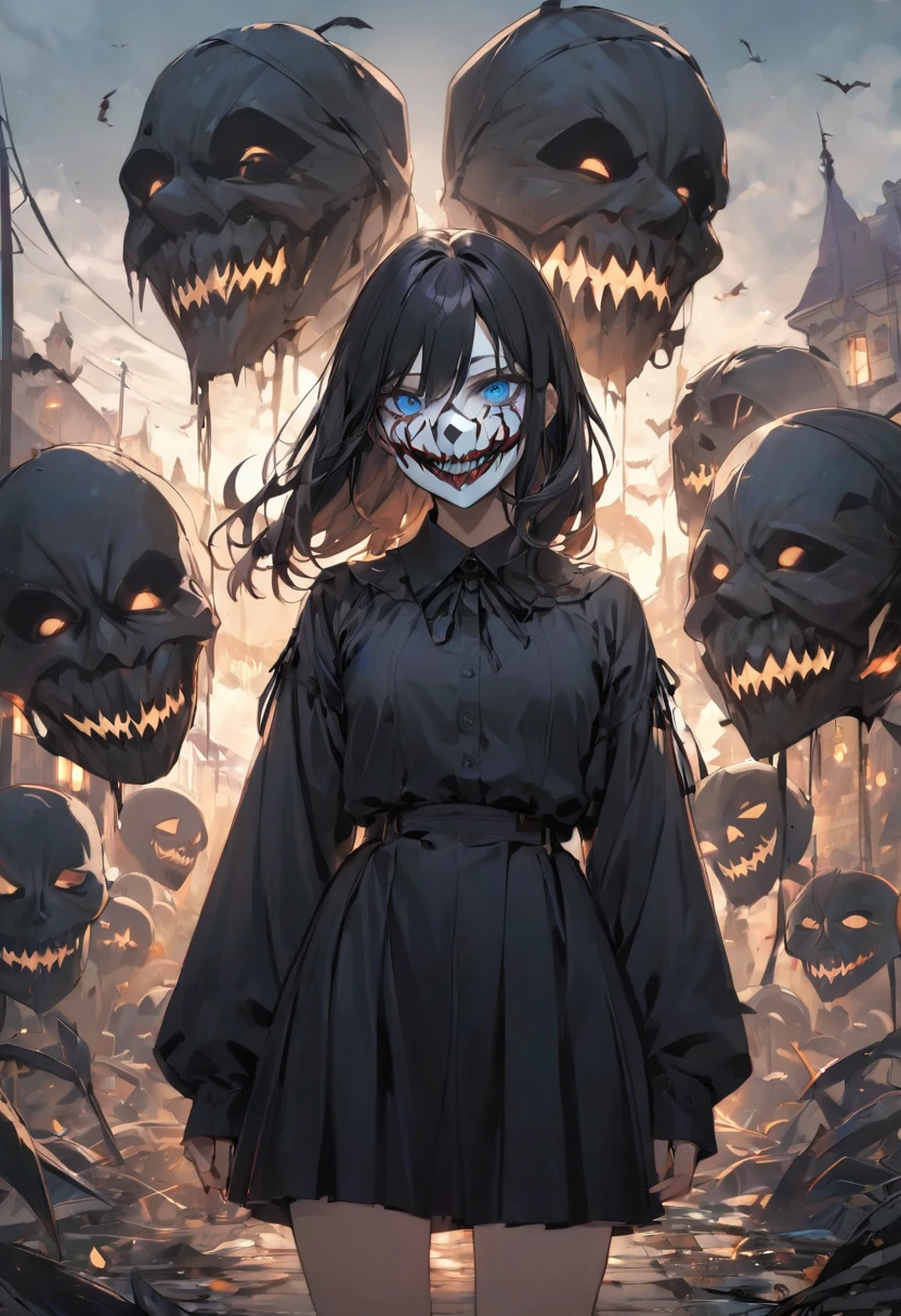 A girl with black hair and blue eyes wearing a scary mask