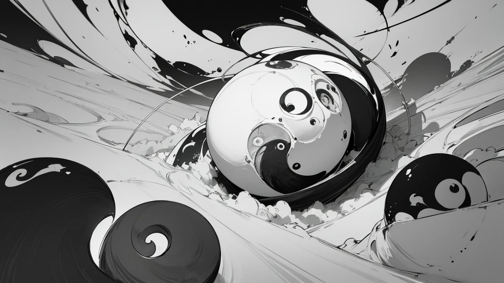 post apocalypse, empty landscape, yin and yang, peaceful, ink splatter, ink, black and white illustration, sketch, highly detailed, high quality, masterpiece, inky, line art, strong line art, flowing, beautiful, picturesque