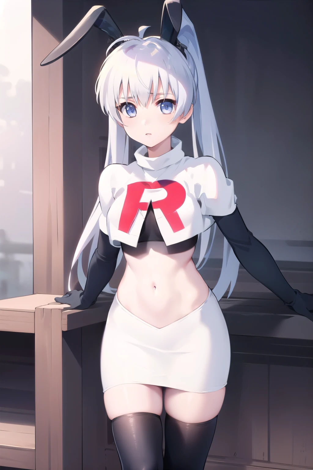 solo, Yashiro Kasumi, twintails, blue eyes, white hair, fake rabbit ears, team rocket,team rocket uniform,white skirt,red letter R,crop top,black thigh-highs,black elbow gloves