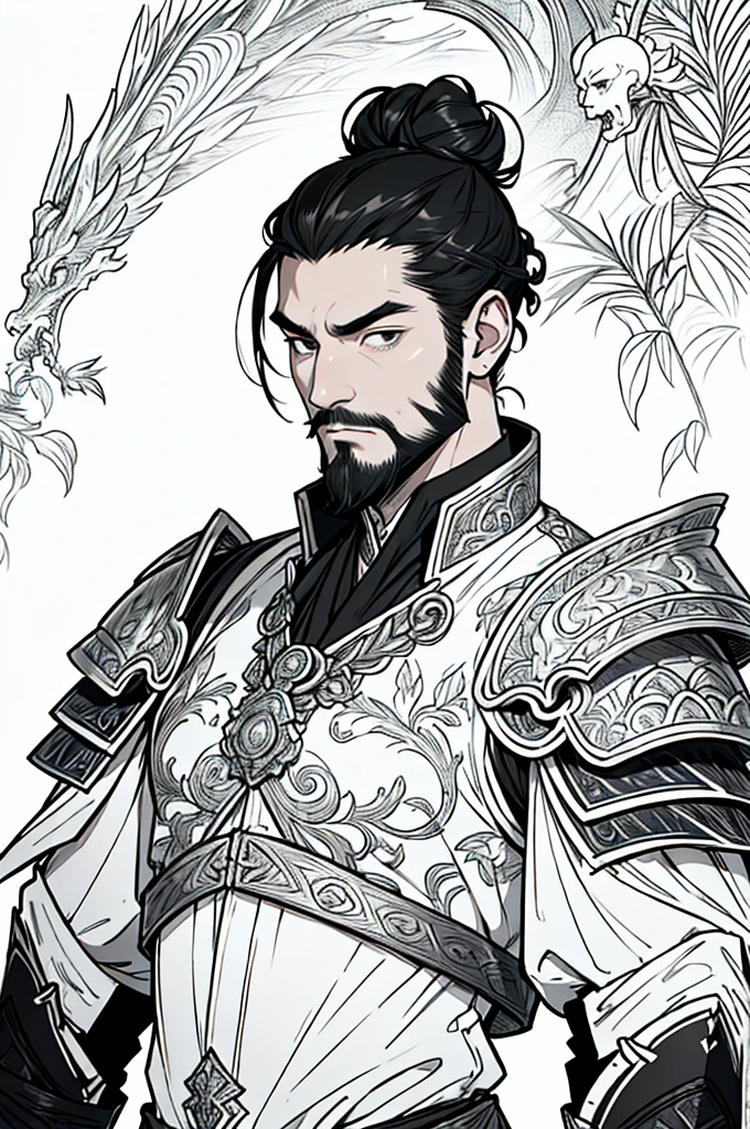 (masterpiece),(Very detailed),(Very detailed),(best quality), lineart, one asian man, ((portrait)) tall, armor, ((black bun hair)), visage marqué par l'expérience. black eyes, barbe très courte soigneusement taillée. warrior fantasy, beautiful face, animated style, perfect face, highest detail, stubble, detailed face, clothes, intricate details, fantasy background, expressionless, solo,
