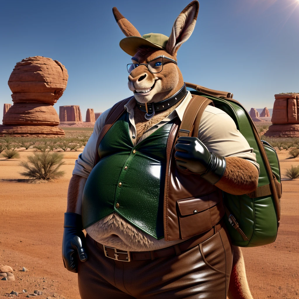 Male, fat, elderly, extremely obese, Kangaroo, blue eyes, (posing:1.3), (soft shading), 4k, hi res, ((detailed face, detailed)), looking at viewer, evil grin, desert, cactus, shirt, hat, male focus, Explorer Outfit, glasses, pants, bag, vest, backpack, sleeves rolled up, round eyewear, brown headwear, brown vest, Kangaroo is wearing a glossy leather dog collar around the neck, Kangaroo is wearing the leather collar and shirt and vest at the same time, Kangaroo is wearing glossy white rubber gloves on the hands, gloves are rubber in texture, clenching teeth, clenching fists, leather collar is glossy and shiny with a lot of detail.