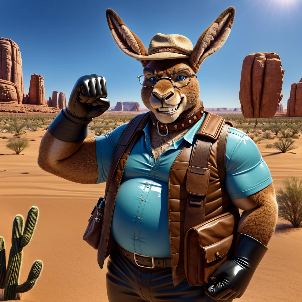 Male, fat, elderly, extremely obese, Kangaroo, blue eyes, (posing:1.3), (soft shading), 4k, hi res, ((detailed face, detailed)), looking at viewer, evil grin, desert, cactus, shirt, hat, male focus, Explorer Outfit, glasses, pants, bag, vest, backpack, sleeves rolled up, round eyewear, brown headwear, brown vest, Kangaroo is wearing a glossy leather dog collar around the neck, Kangaroo is wearing the leather collar and shirt and vest at the same time, Kangaroo is wearing glossy white rubber gloves on the hands, gloves are rubber in texture, clenching teeth, clenching fists, leather collar is glossy and shiny with a lot of detail.