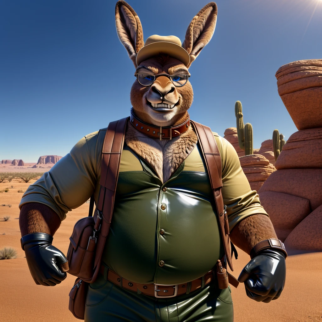 Male, fat, elderly, extremely obese, Kangaroo, blue eyes, (posing:1.3), (soft shading), 4k, hi res, ((detailed face, detailed)), looking at viewer, evil grin, desert, cactus, shirt, hat, male focus, Explorer Outfit, glasses, pants, bag, vest, backpack, sleeves rolled up, round eyewear, brown headwear, brown vest, Kangaroo is wearing a glossy leather dog collar around the neck, Kangaroo is wearing the leather collar and shirt and vest at the same time, Kangaroo is wearing glossy white rubber gloves on the hands, gloves are rubber in texture, clenching teeth, clenching fists, leather collar is glossy and shiny with a lot of detail.