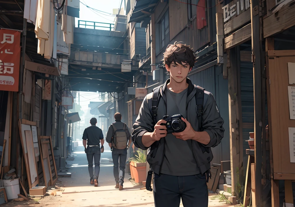 man holding a camera inside a film set  