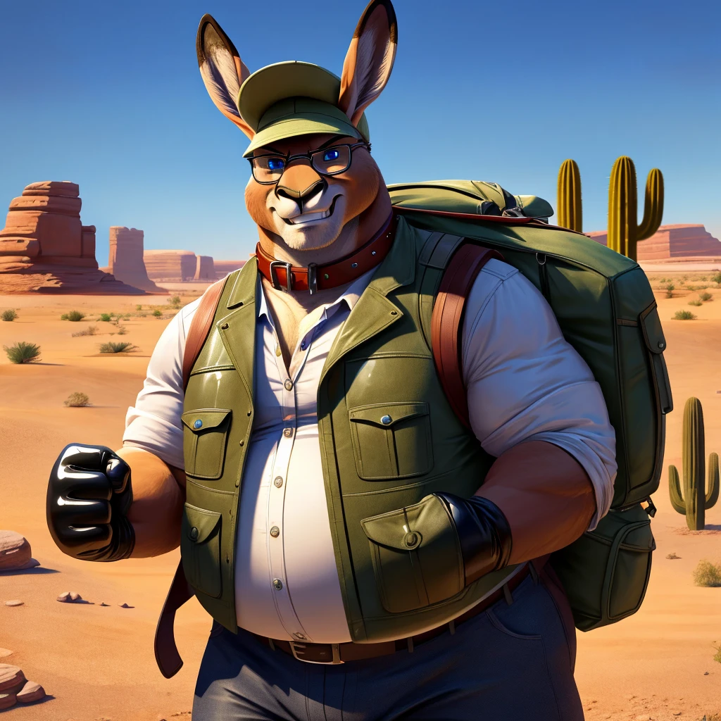 Male, fat, elderly, extremely obese, Kangaroo, blue eyes, (posing:1.3), (soft shading), 4k, hi res, ((detailed face, detailed)), looking at viewer, evil grin, desert, cactus, shirt, hat, male focus, Explorer Outfit, glasses, pants, bag, vest, backpack, sleeves rolled up, round eyewear, brown headwear, brown vest, Kangaroo is wearing a glossy leather dog collar around the neck, Kangaroo is wearing the leather collar and shirt and vest at the same time, Kangaroo is wearing glossy white rubber gloves on the hands, gloves are rubber in texture, clenching teeth, clenching fists, leather collar is glossy and shiny with a lot of detail.