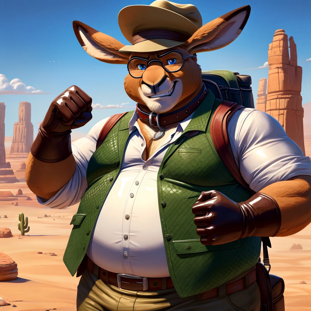 Male, fat, elderly, extremely obese, Kangaroo, blue eyes, (posing:1.3), (soft shading), 4k, hi res, ((detailed face, detailed)), looking at viewer, evil grin, desert, cactus, shirt, hat, male focus, Explorer Outfit, glasses, pants, bag, vest, backpack, sleeves rolled up, round eyewear, brown headwear, brown vest, Kangaroo is wearing a glossy leather dog collar around the neck, Kangaroo is wearing the leather collar and shirt and vest at the same time, Kangaroo is wearing glossy white rubber gloves on the hands, gloves are rubber in texture, clenching teeth, clenching fists, leather collar is glossy and shiny with a lot of detail.