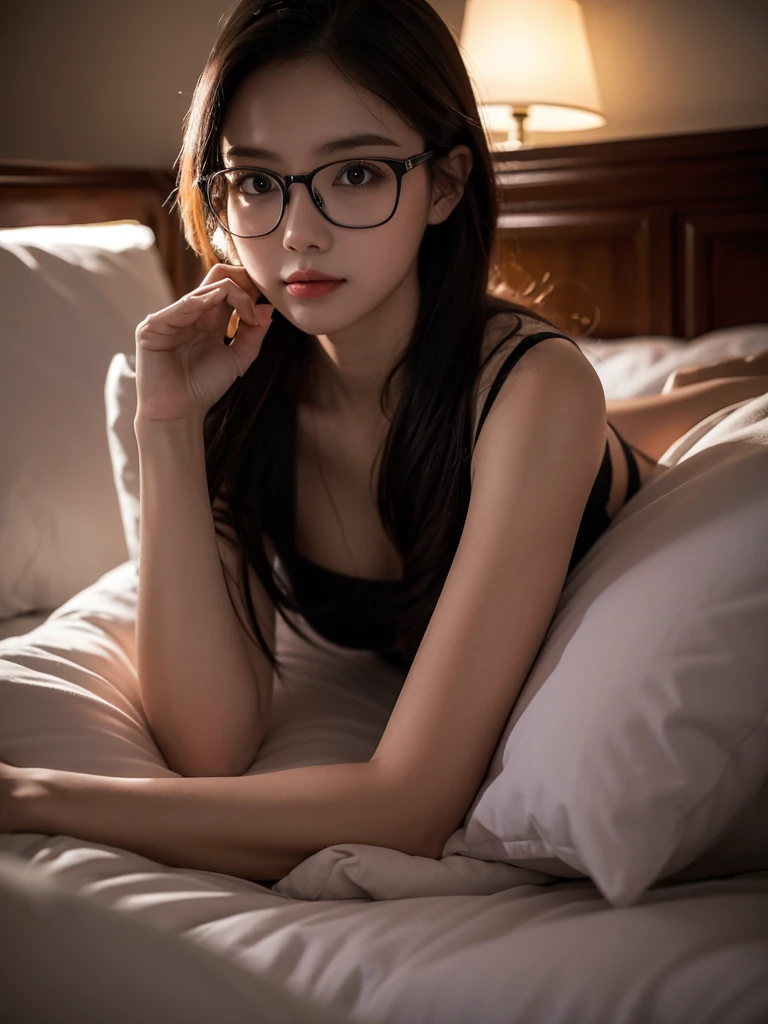 a one woman, lying on her bed. at night, in dark. 4K. wearing glasses.