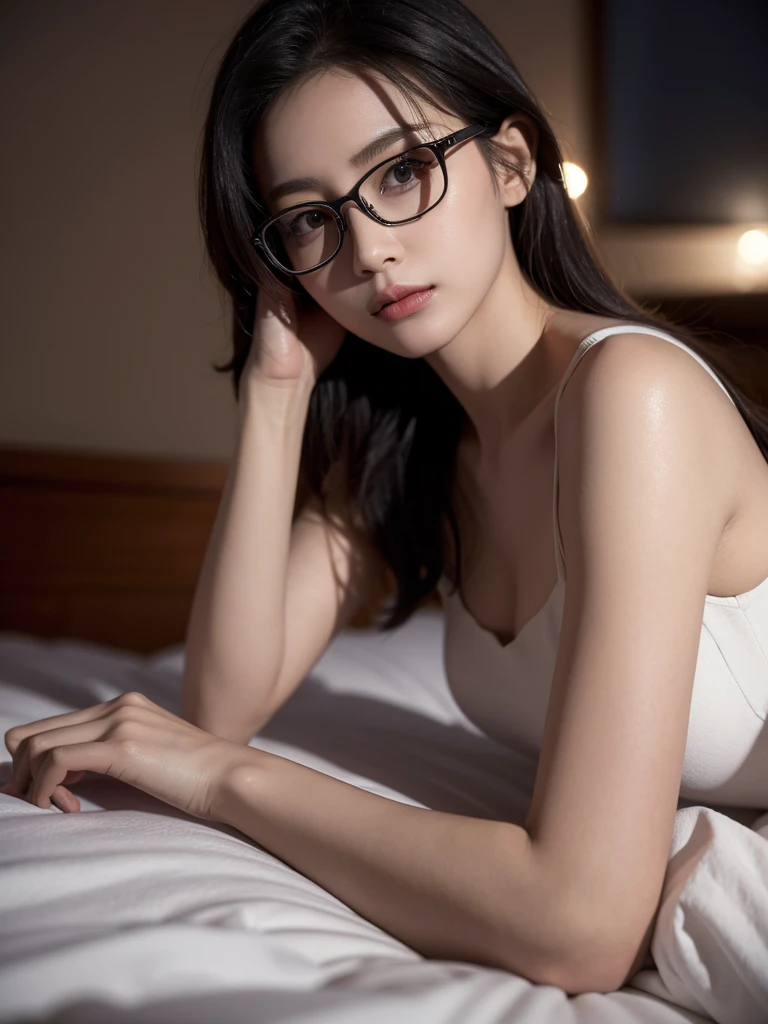 a one woman, lying on her bed. at night, in dark. 4K. wearing glasses.